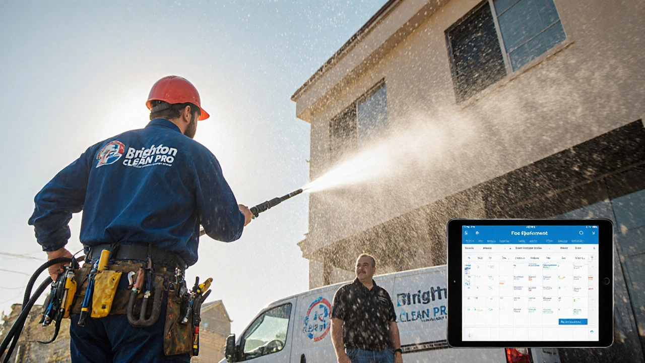 Professional cleaning a commercial building exterior in summer with property manager observing.