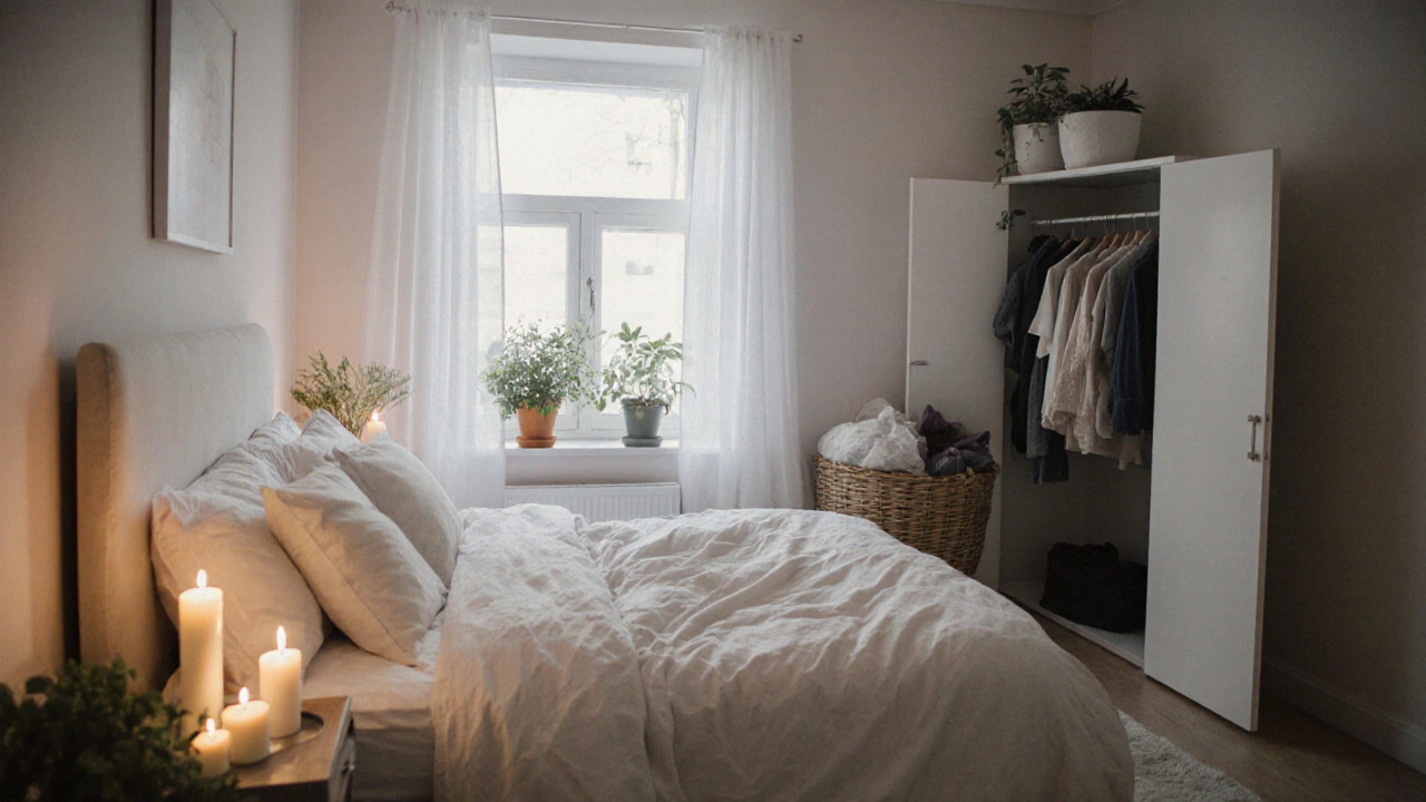 Serene bedroom with candles, fresh linens, and plants, representing a calming house detox with no cleaning tools in view.
