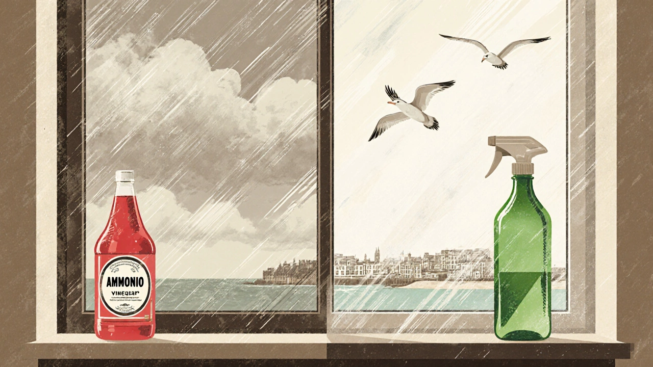 Split illustration: streaky window with commercial cleaner vs. sparkling clean window with vinegar solution, British coastal town in background.