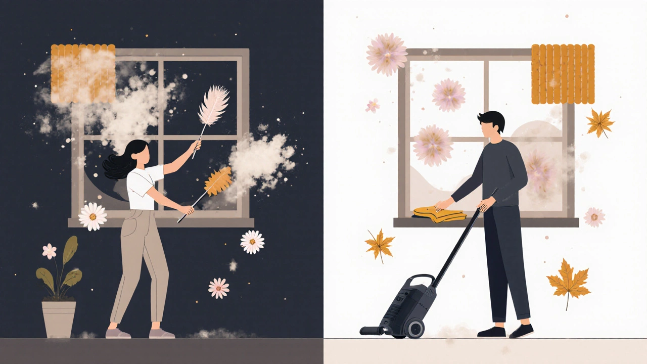 Split scene: chaotic dusting vs. calm cleaning with microfiber and HEPA vacuum.
