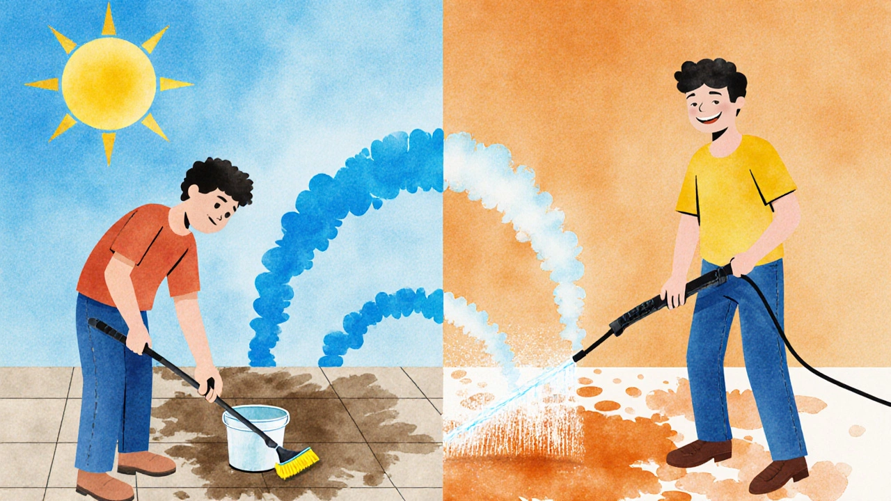 Split-screen comparison: manual scrubbing vs. pressure washing a dirty patio.