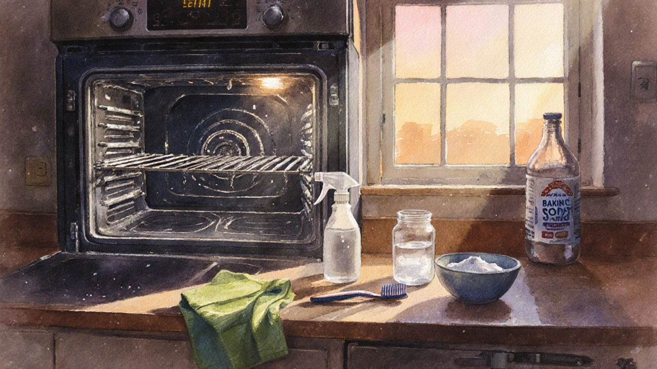 Sunlit clean oven in a British kitchen with cleaning tools on counter, morning atmosphere.