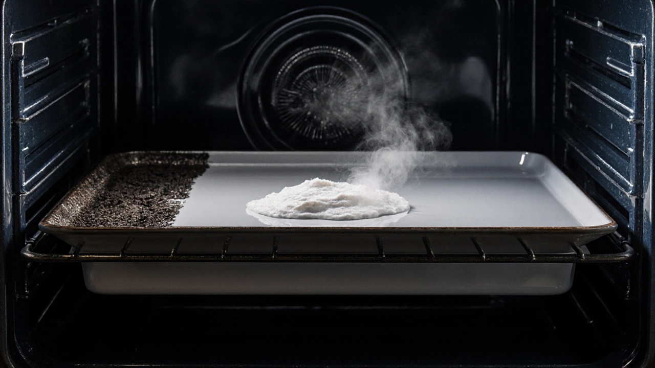 Time-lapse view of oven grime being lifted by baking soda and vinegar into a spotless surface.