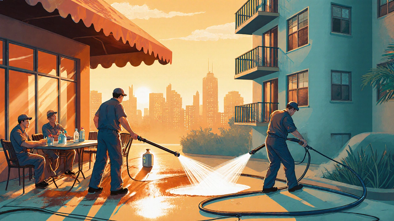 Two pressure washing crews working on a restaurant patio and apartment complex during golden hour.