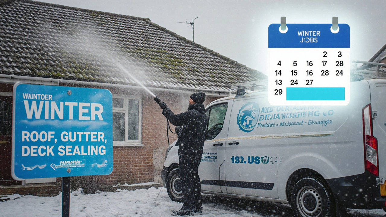 Worker performing roof soft washing in winter with seasonal service van visible.