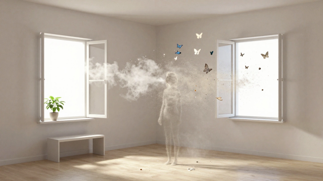 A house symbolically exhaling clutter that turns into butterflies and light through open windows.