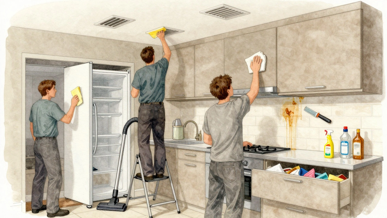 A person cleaning ceiling vents in a medium kitchen while another wipes cabinets and vacuums under the fridge.