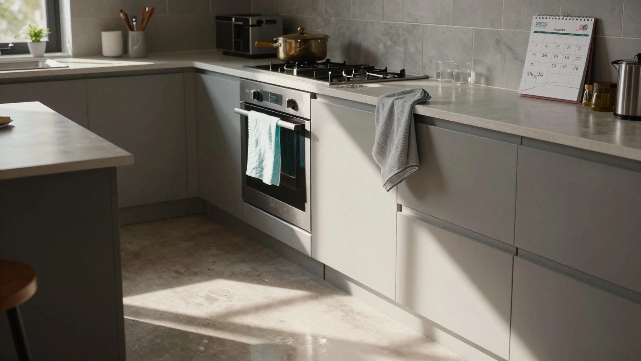 A spotless large kitchen after a deep clean, with fresh bin liner and gleaming floors.