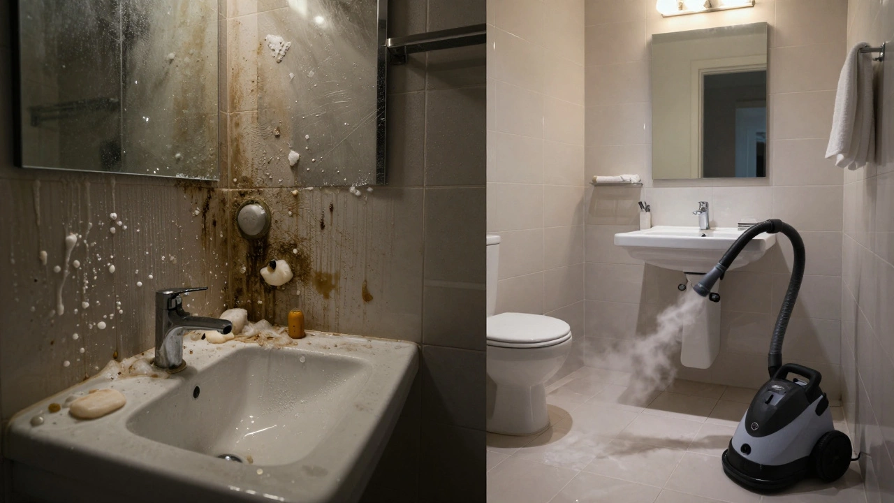Before and after view of a dirty versus spotless bathroom with visible mold and streaks contrasted with shine.
