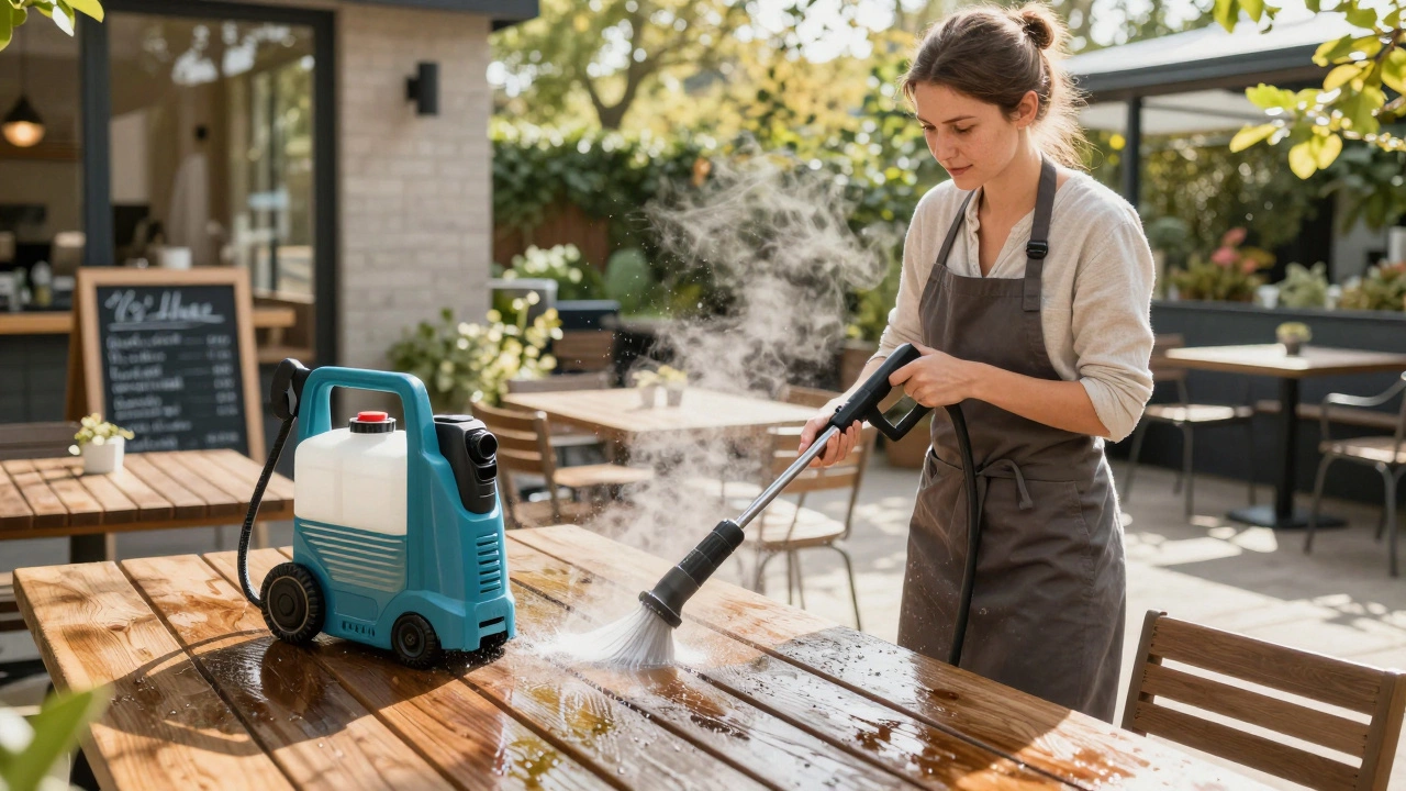 Café owner using a pressure washer to clean outdoor seating area in a garden setting
