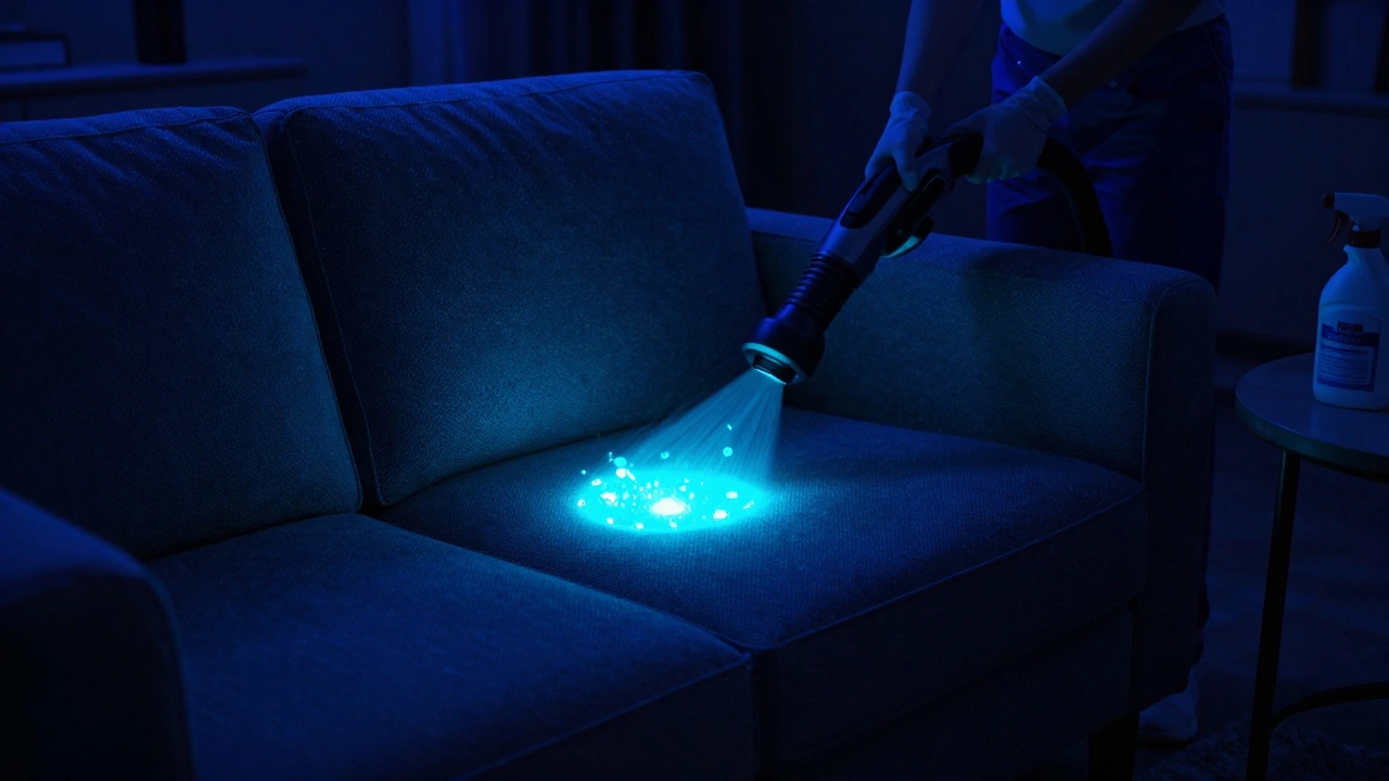 Couch glowing under blacklight showing hidden urine crystals