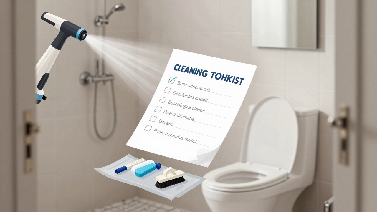 Detailed cleaning checklist above a spotless bathroom with steam cleaner and descaling tools on display.