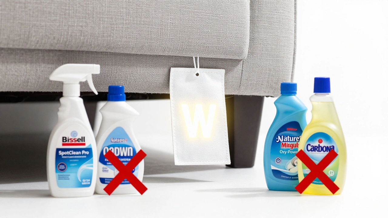 Fabric care tag with 'W' code surrounded by recommended cleaners, while Dawn and vinegar are crossed out.