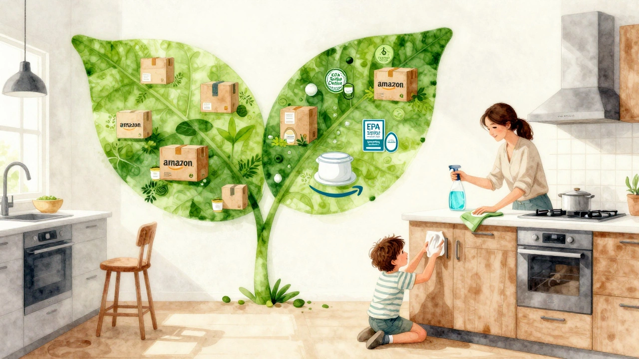 Family in kitchen with plant-based cleaner, green leaf transforming into retail symbols
