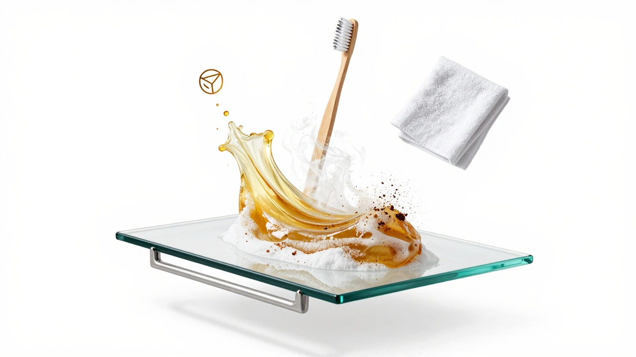 Floating oven door glass being cleaned by baking soda and vinegar, symbolic particles dissolving stains.