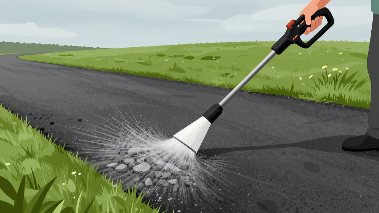 Gentle cleaning of asphalt driveway with 2000 PSI washer, stones intact, no damage to surface or nearby plants.