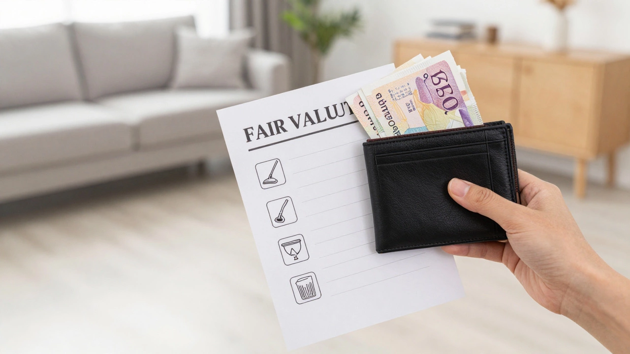 Hand holding a cloth and cash next to a cleaning checklist, symbolizing fair pay for a thorough home clean.