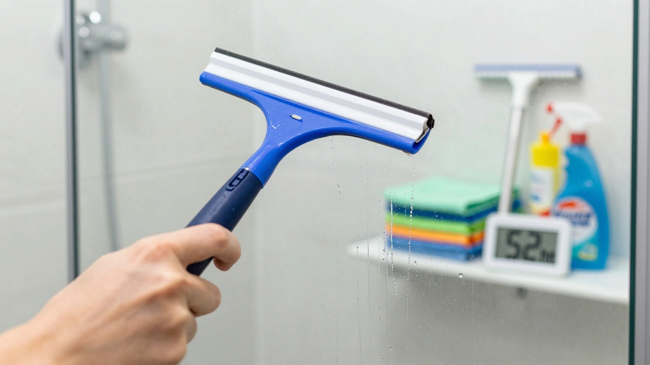 Hands using a squeegee on a glass shower door with clean water runoff and cleaning tools in background.