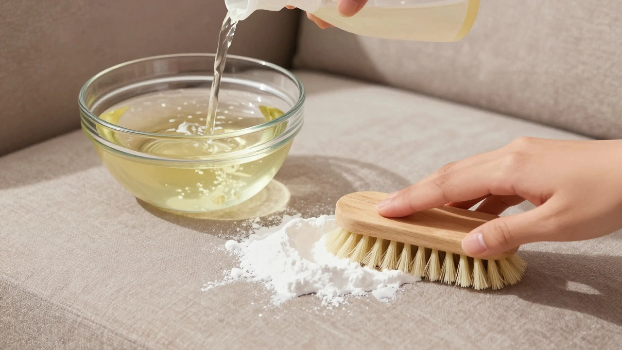 Homemade cleaning solution being applied to a couch with vinegar and baking soda