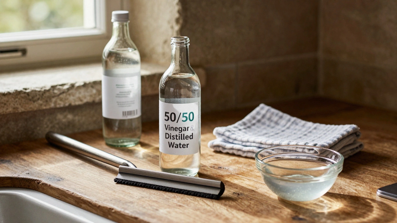 Homemade vinegar and distilled water window cleaner on a kitchen counter with squeegee and cloth.