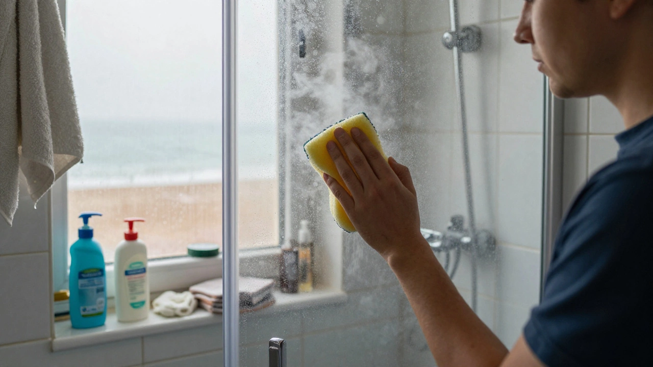 Professional cleaner scrubbing a fogged shower door with salt residue visible on the windowsill.