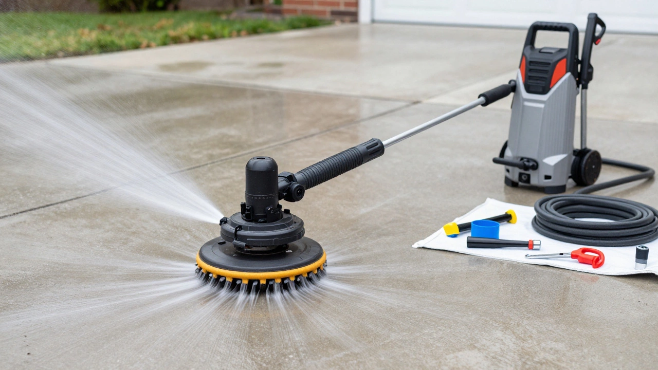 Rotating surface cleaner evenly washing a concrete driveway, professional equipment in background, no streaks or mess.