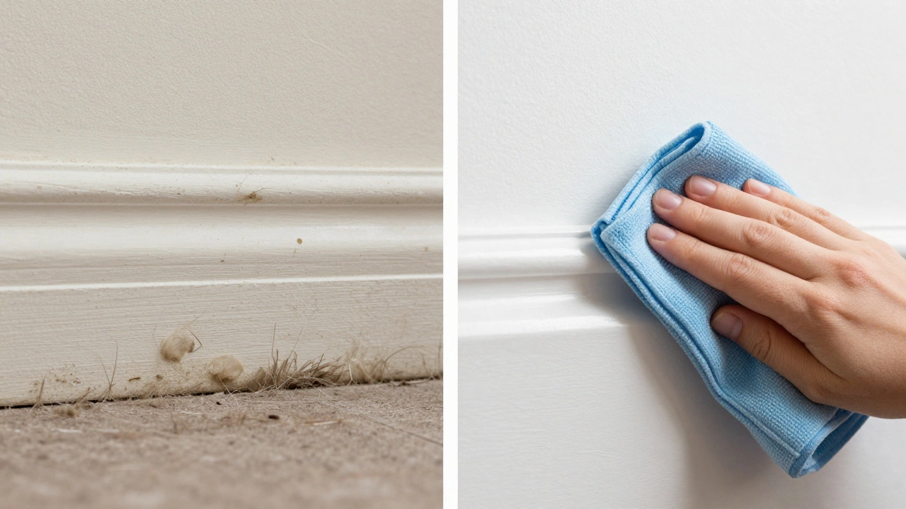 Side-by-side comparison of dirty and clean baseboards with cleaning tools nearby.