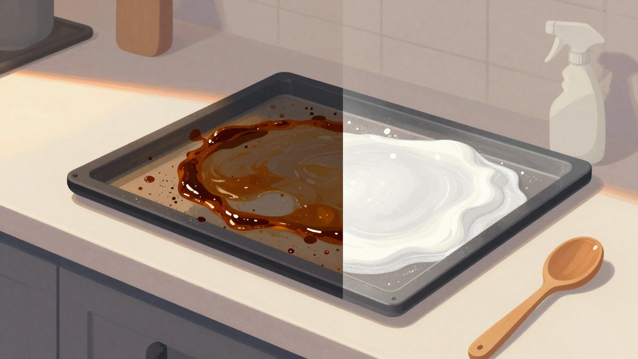 Side-by-side comparison of dirty and clean oven door glass on a countertop, natural morning light.