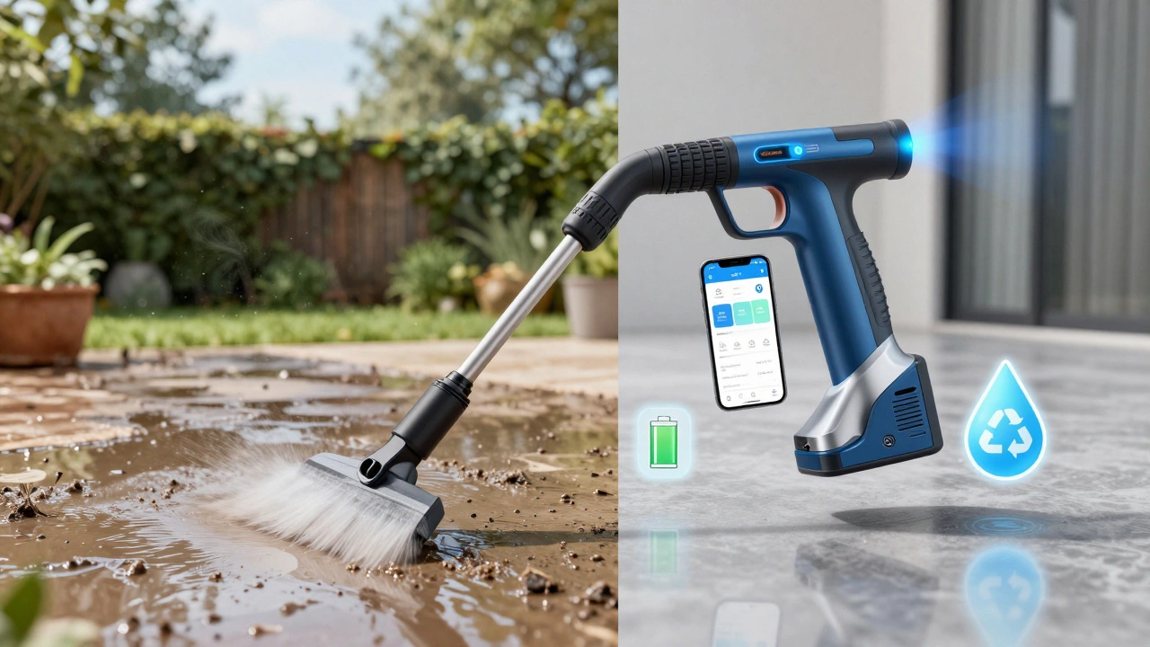 Smart pressure washer with app connectivity transforming a dirty patio into a clean one