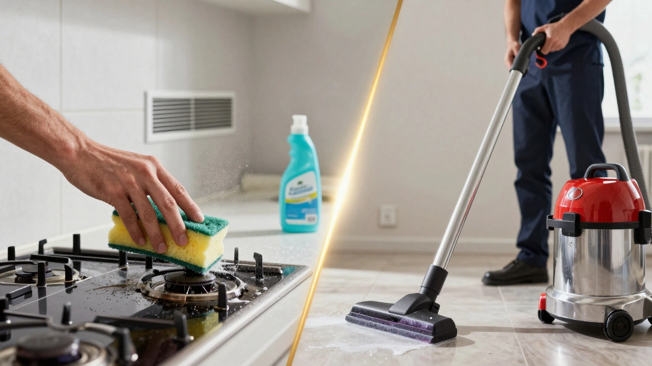 Split image: messy DIY clean vs. professional deep clean, highlighting the difference in results.