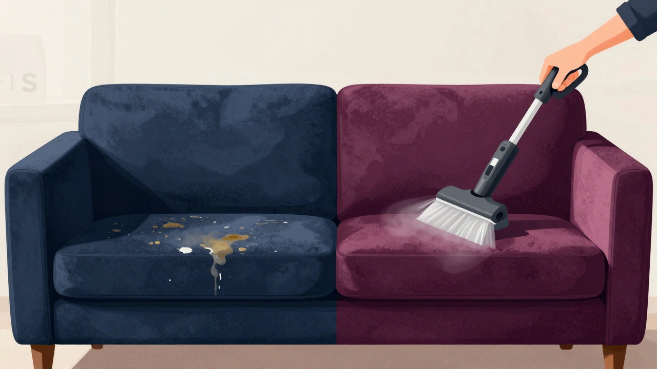 Split image showing a faded velvet sofa on one side and restored sofa on the other, with fabric care tag visible.