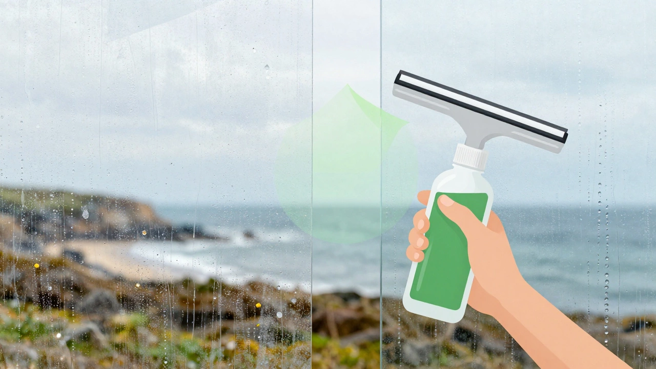 Split image showing dirty window versus streak-free window after vinegar cleaning.