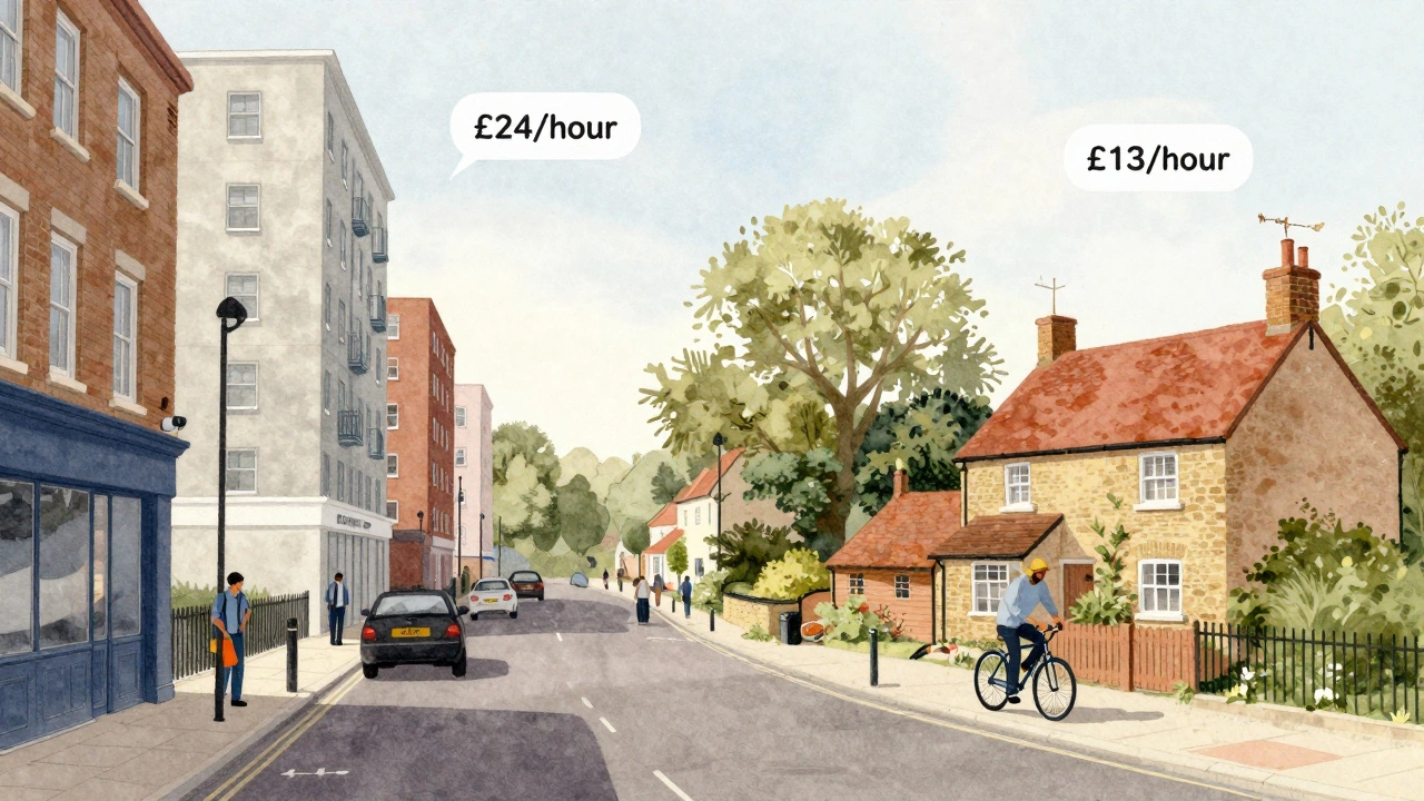 Split image showing high-cost London cleaning and low-cost rural cleaning with price tags above each scene.