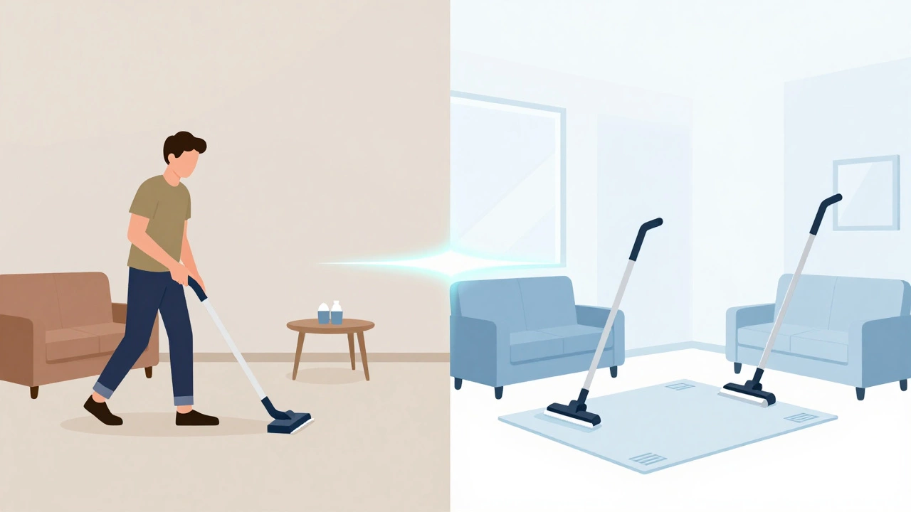 Split image showing messy room versus spotless room after deep cleaning