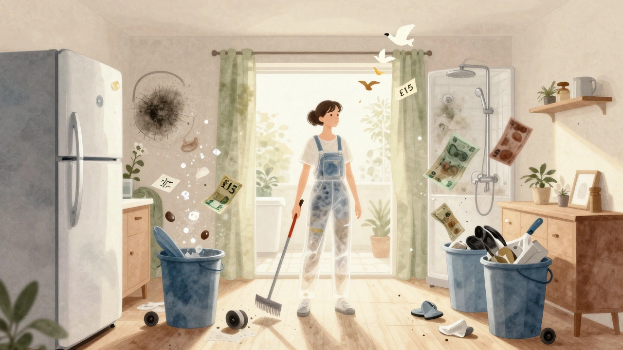 Conceptual image of a cleaner surrounded by fading messes transforming into a spotless home, with a tip and note floating upward.