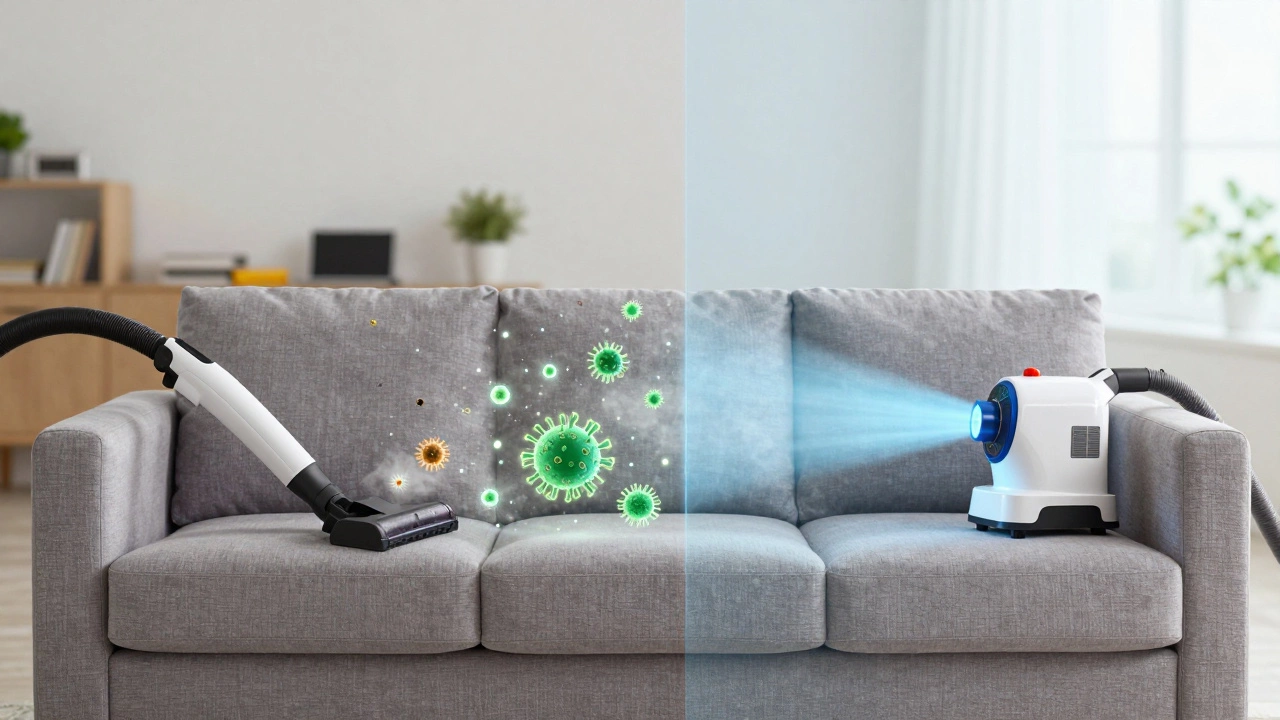 Couch being sanitized by vacuum, alcohol mist, and UV-C light.