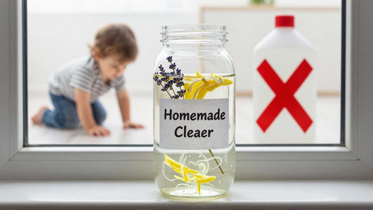 Glass jar of homemade cleaner on windowsill with lemon and lavender, beside safe child vs toxic cleaner.