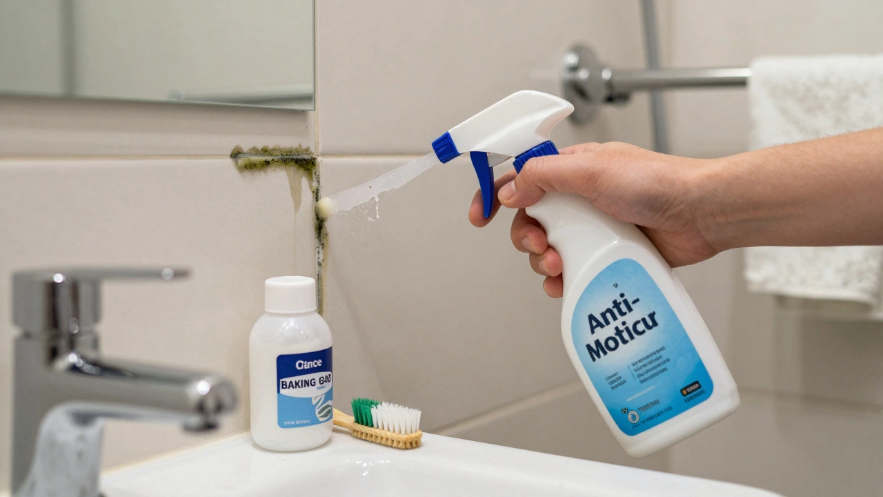 Hand spraying mould from bathroom grout with vinegar cleaner and toothbrush.
