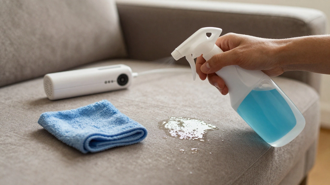 Hand spraying rubbing alcohol lightly onto a fabric sofa surface.