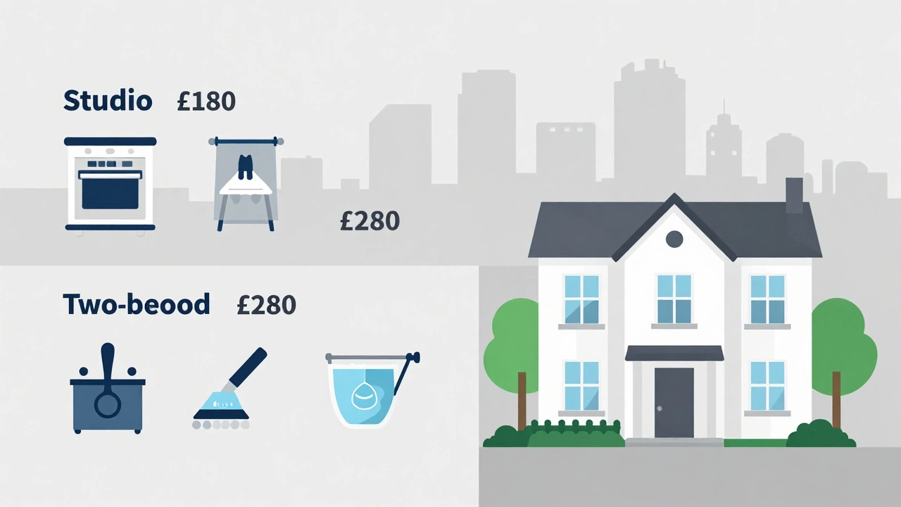 Infographic showing end of tenancy cleaning costs for studio, 2-bed, and 4-bed properties in London with service icons.