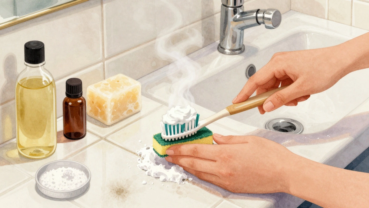 Person scrubbing bathroom grout with baking soda paste and toothbrush, clean tiles in background.