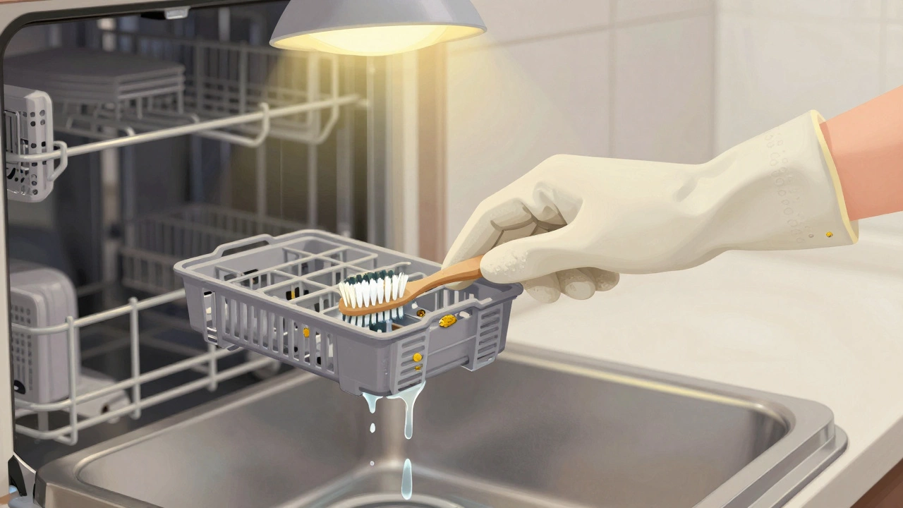 Person wearing gloves cleaning a dishwasher filter with a toothbrush, water dripping below.