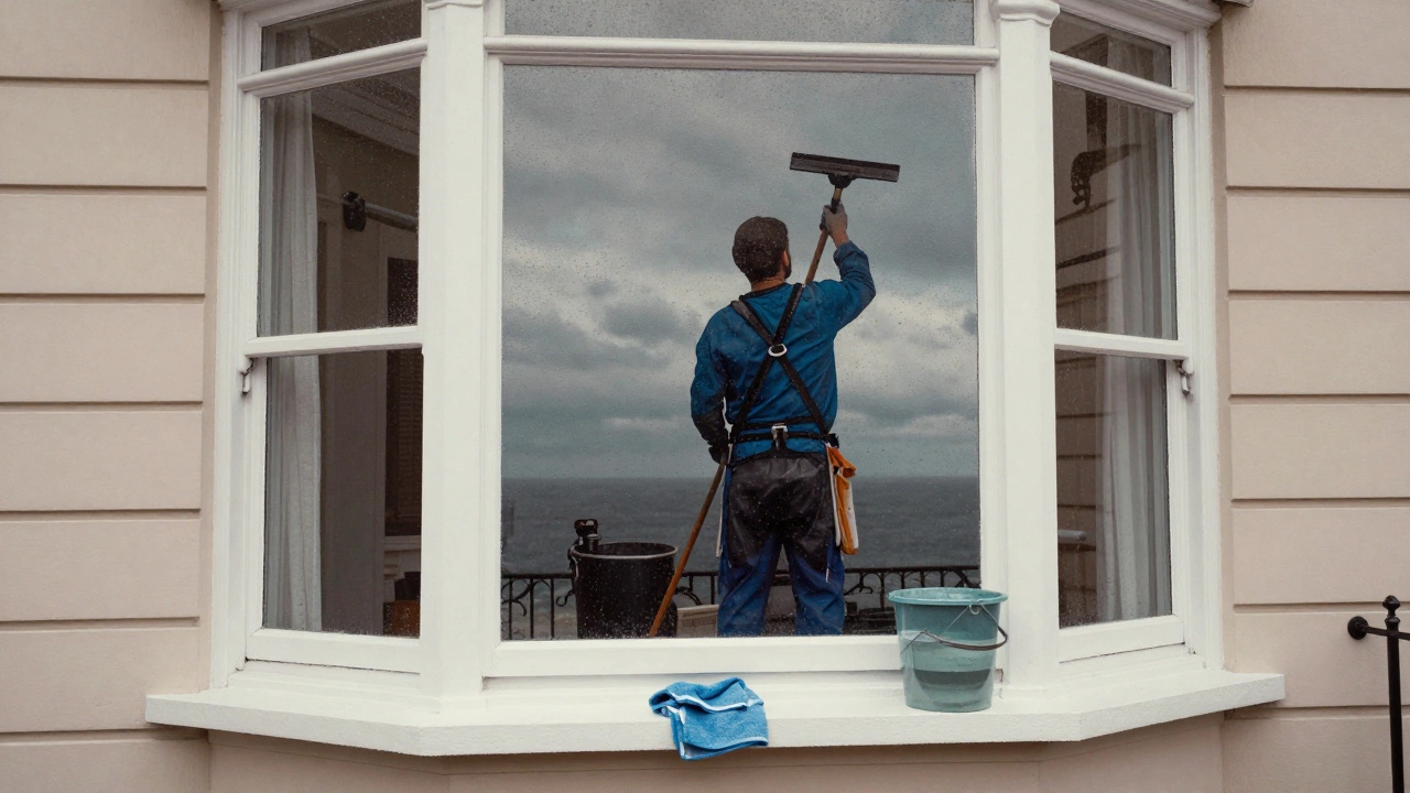 Professional cleaner using squeegee on a Brighton window, glass perfectly clear.
