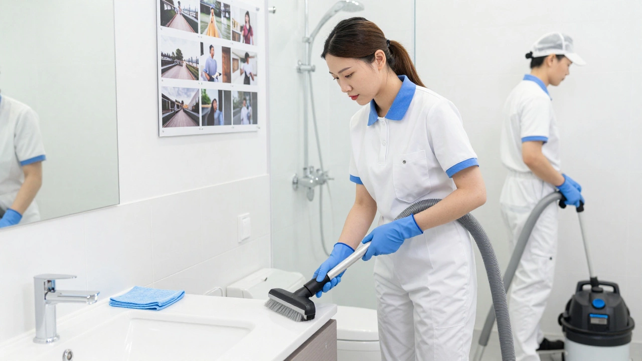 Professional cleaner using steam cleaner on bathroom tiles with microfiber cloths and HEPA vacuum nearby.