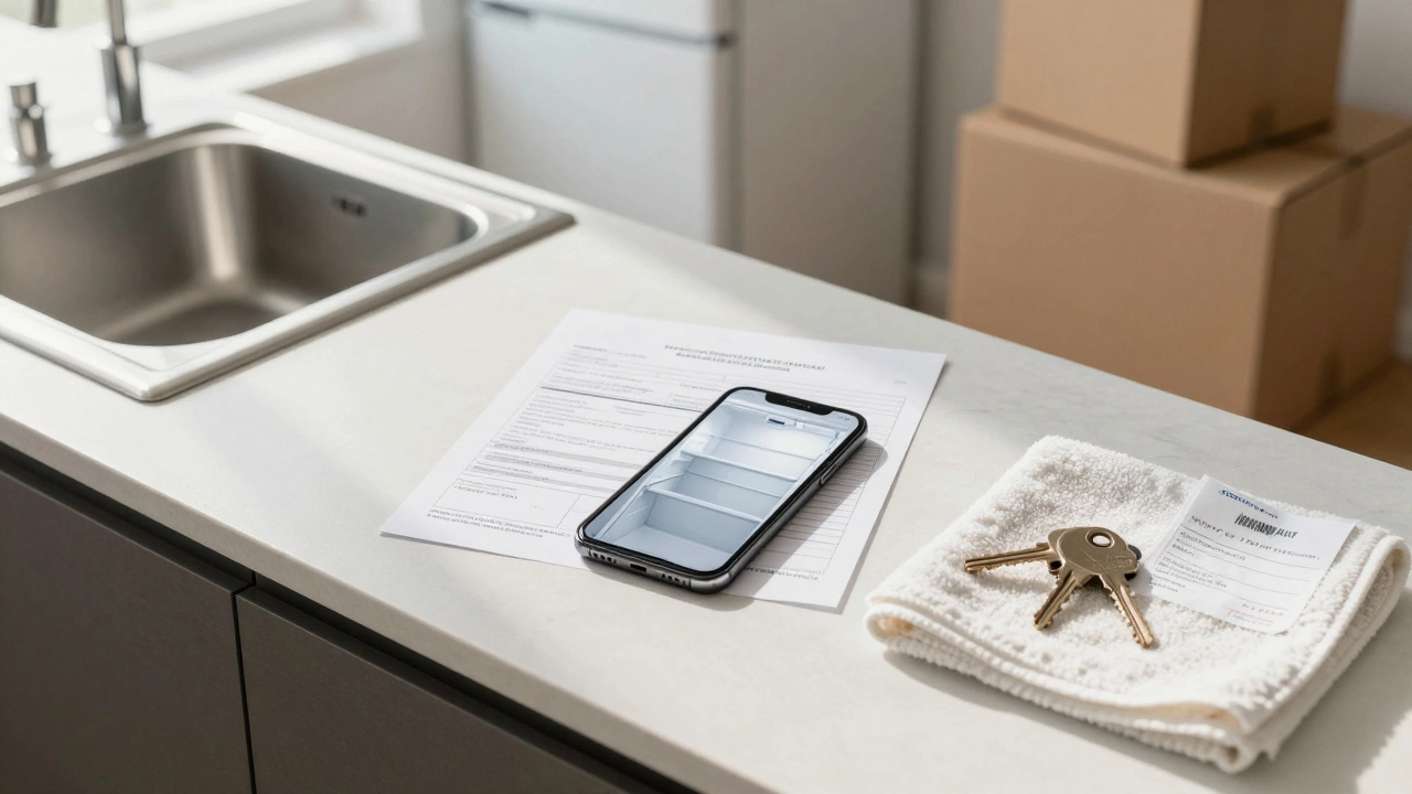 Smartphone showing clean fridge photo next to inventory receipt and keys on counter.