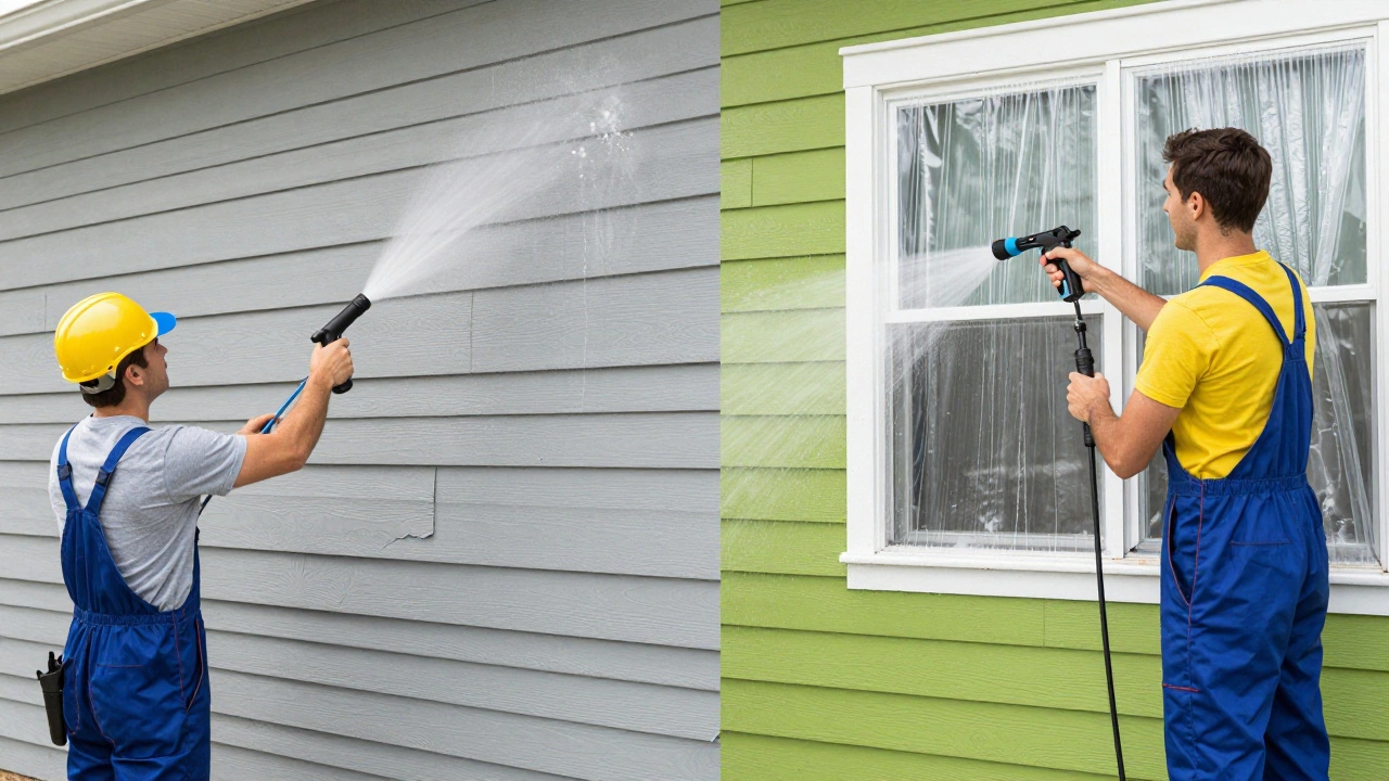 Split image: DIYer damaging siding vs. pro safely cleaning with proper technique.