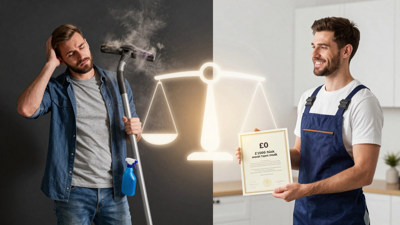 Split image: tired tenant DIY cleaning vs. professional handing over cleaning certificate with deposit saved.