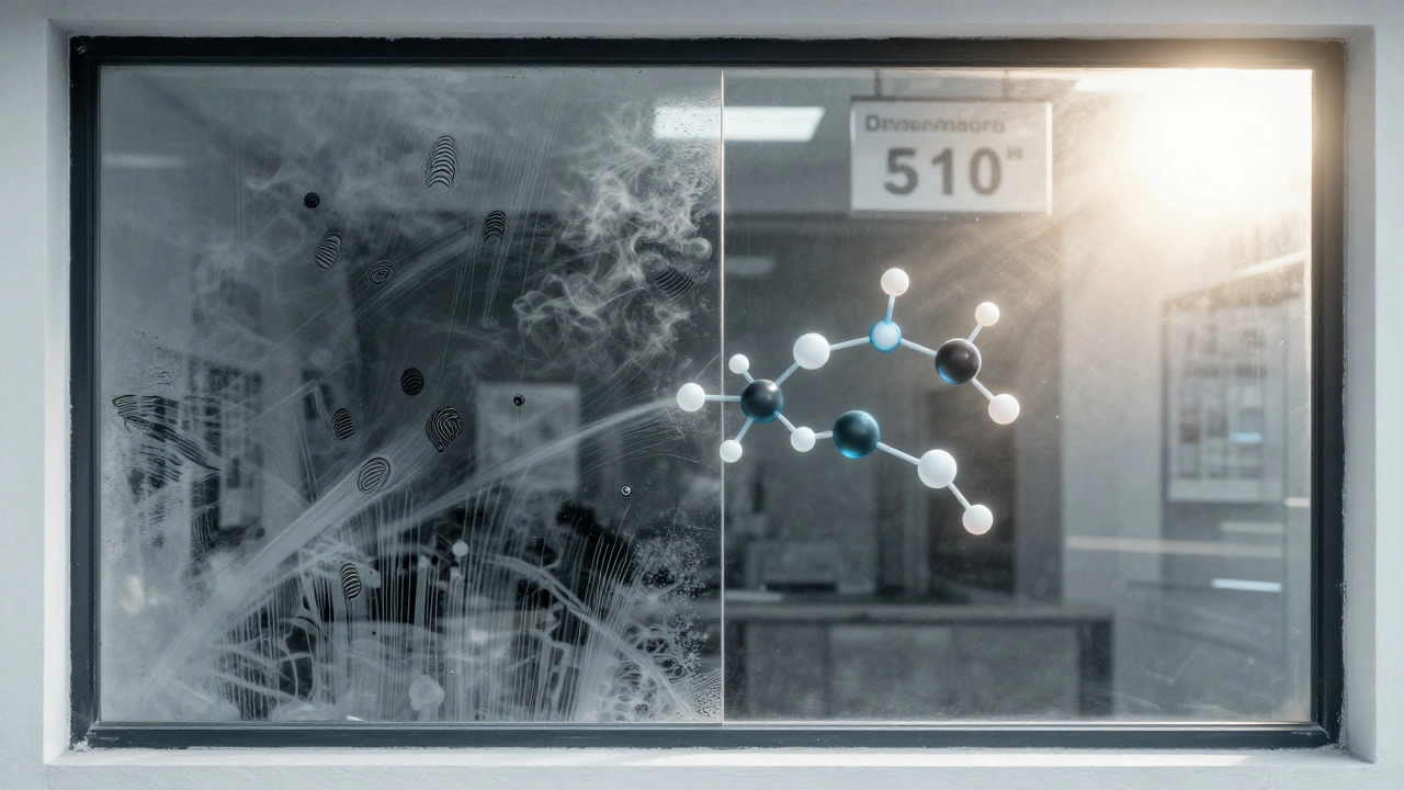 Split window showing greasy left side and spotless right side with chemical molecules dissolving dirt.
