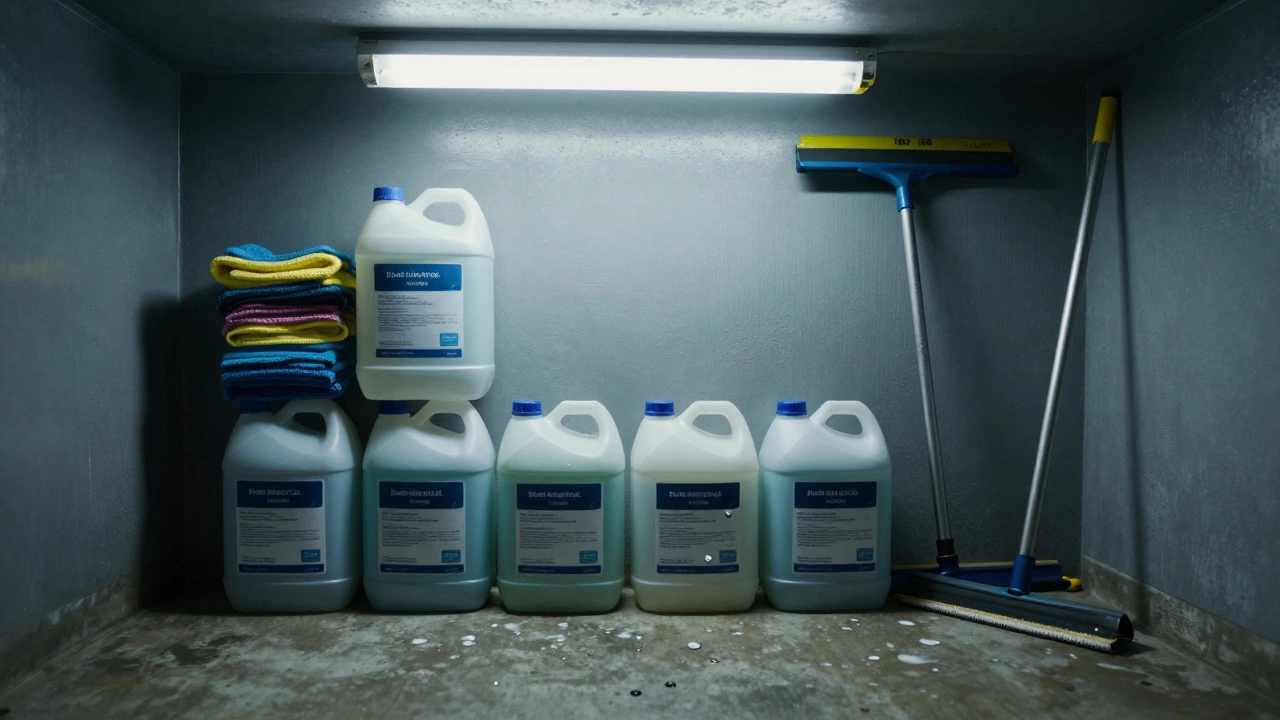 Stacked 5-gallon jugs of industrial window cleaner in a utility room with cleaning tools nearby.