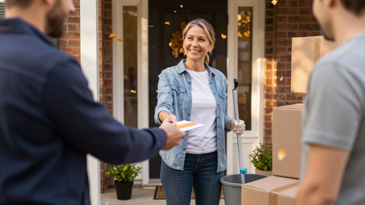 Tenant handing a cash tip in an envelope to a cleaner outside a rental property at golden hour.